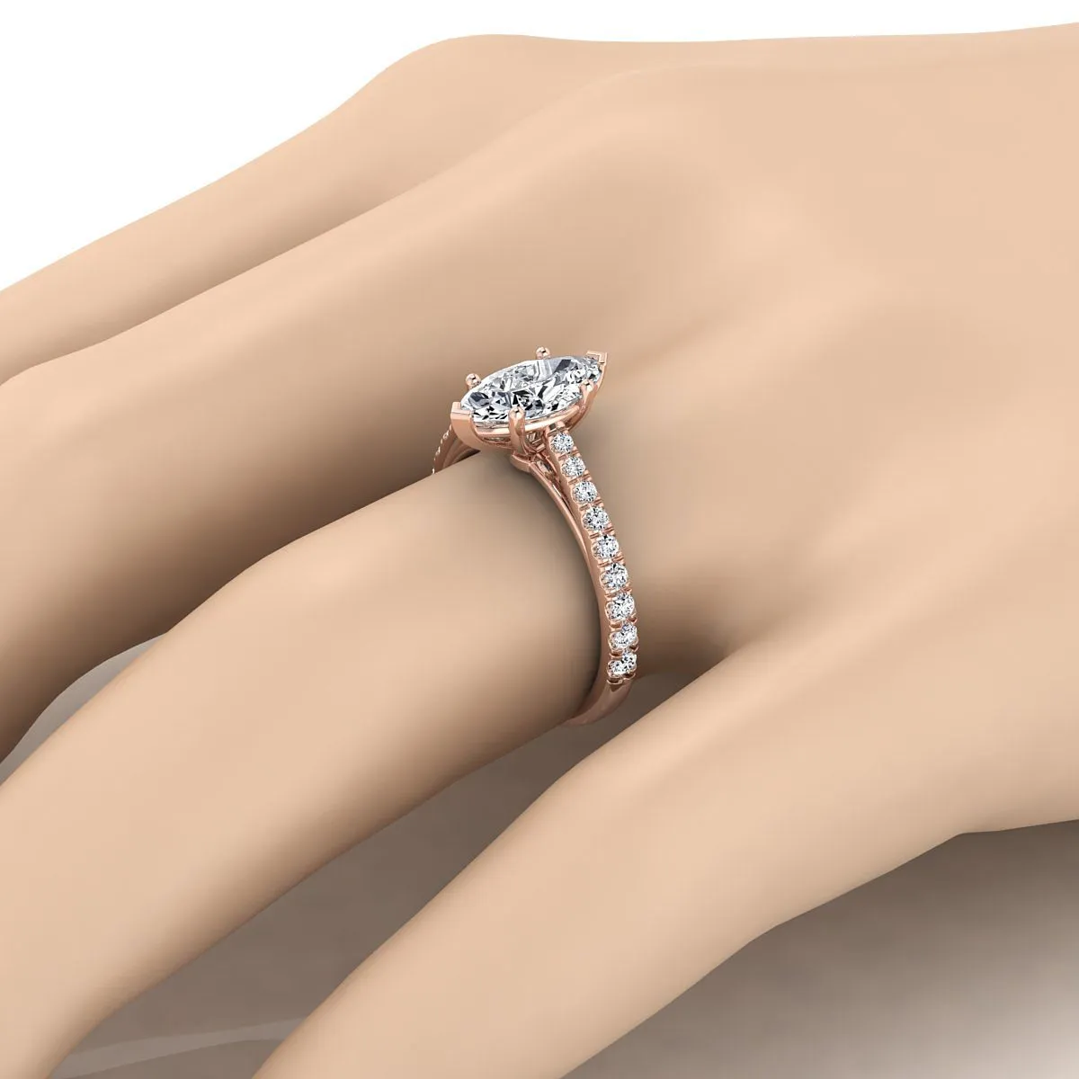 14K Rose Gold Marquise  Diamond French Pave Cathedral Style Solitaire Engagement Ring -1/4ctw