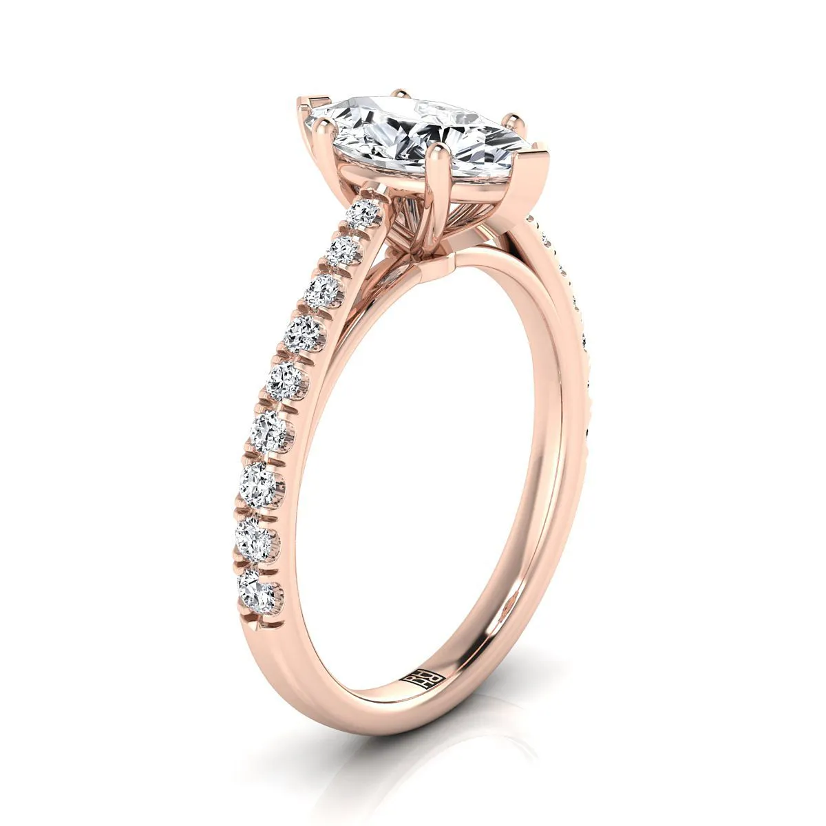 14K Rose Gold Marquise  Diamond French Pave Cathedral Style Solitaire Engagement Ring -1/4ctw