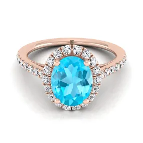 14K Rose Gold Oval Swiss Blue Topaz Petite Halo French Diamond Pave Engagement Ring -3/8ctw