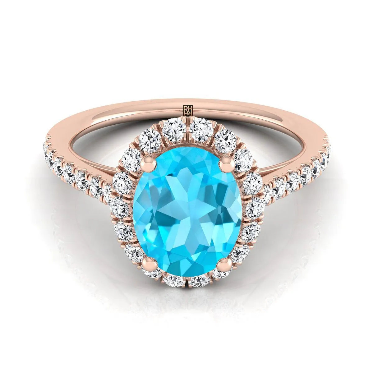 14K Rose Gold Oval Swiss Blue Topaz Petite Halo French Diamond Pave Engagement Ring -3/8ctw