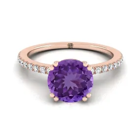 14K Rose Gold Round Brilliant Amethyst Simple French Pave Double Claw Prong Diamond Engagement Ring -1/6ctw