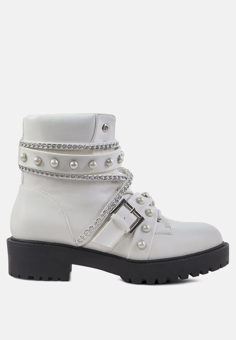 allonia ankle boots with pearl studs and chain details