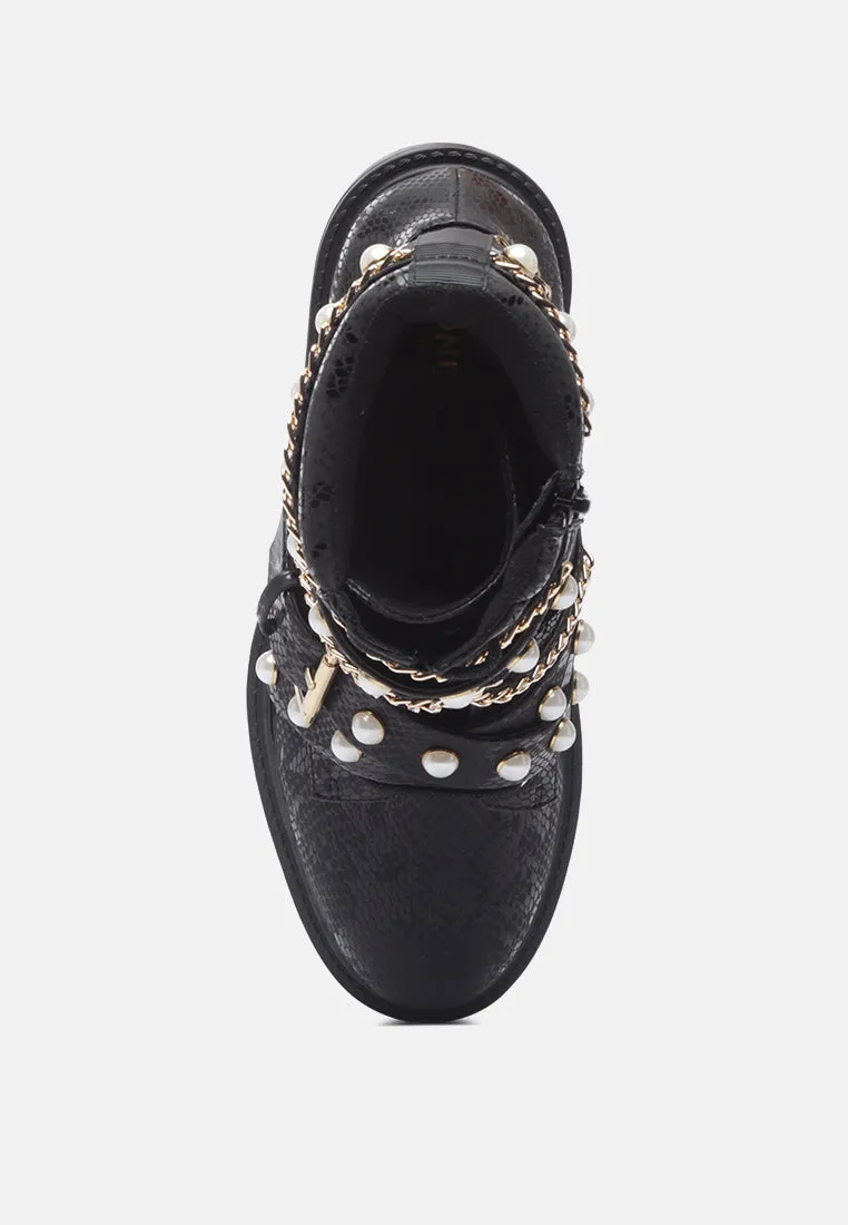 allonia ankle boots with pearl studs and chain details