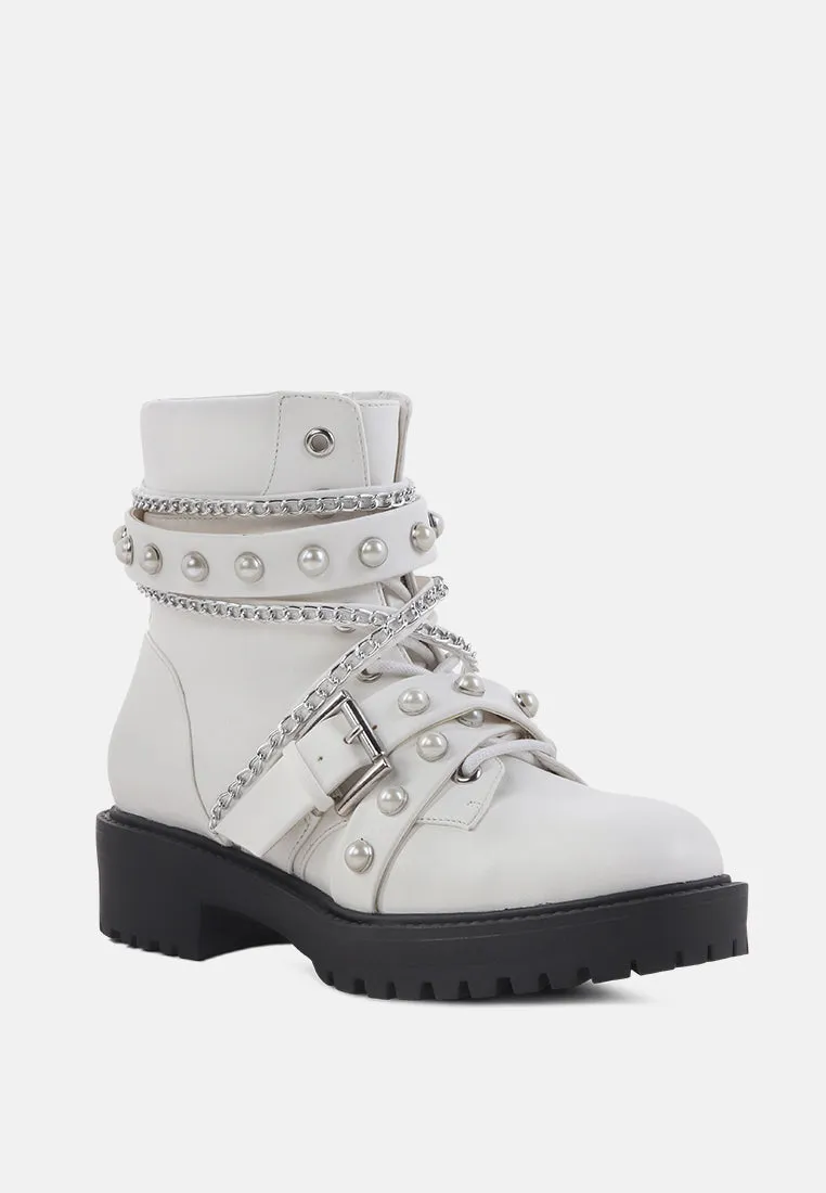 allonia ankle boots with pearl studs and chain details