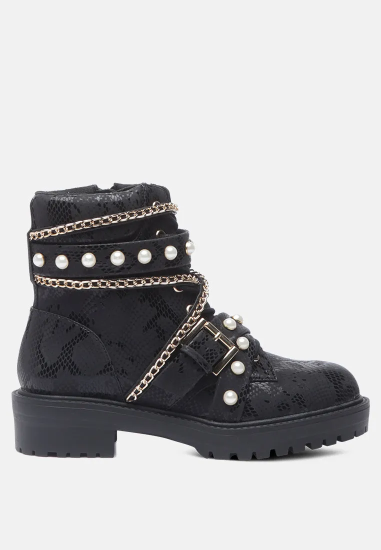 allonia ankle boots with pearl studs and chain details