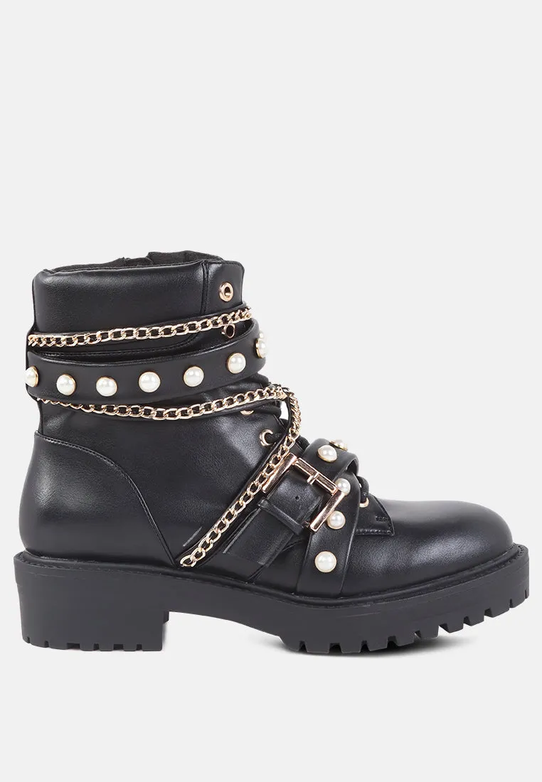 allonia ankle boots with pearl studs and chain details