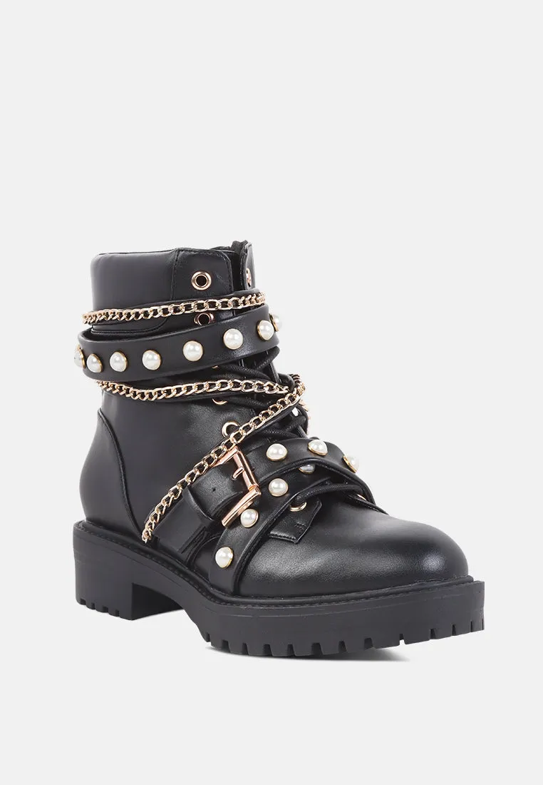 allonia ankle boots with pearl studs and chain details