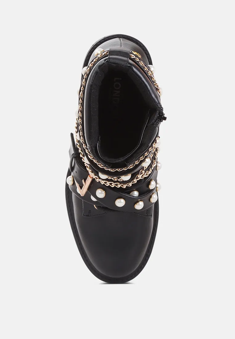 allonia ankle boots with pearl studs and chain details