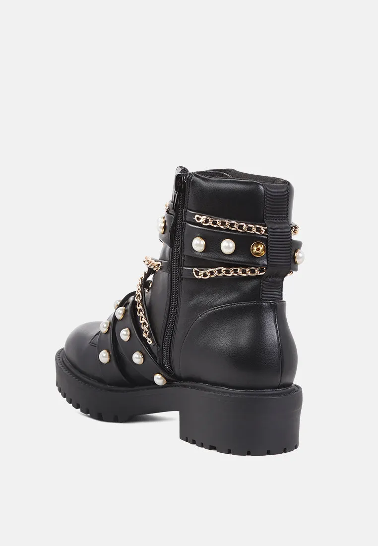 allonia ankle boots with pearl studs and chain details