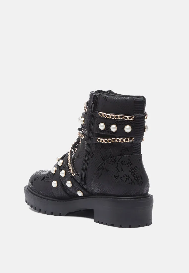 allonia ankle boots with pearl studs and chain details