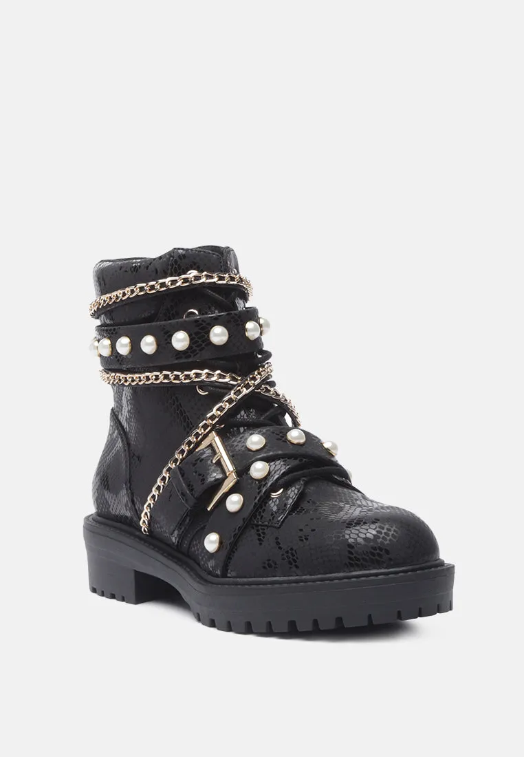 allonia ankle boots with pearl studs and chain details