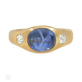 Antique three-stone sapphire and diamond flush-set ring