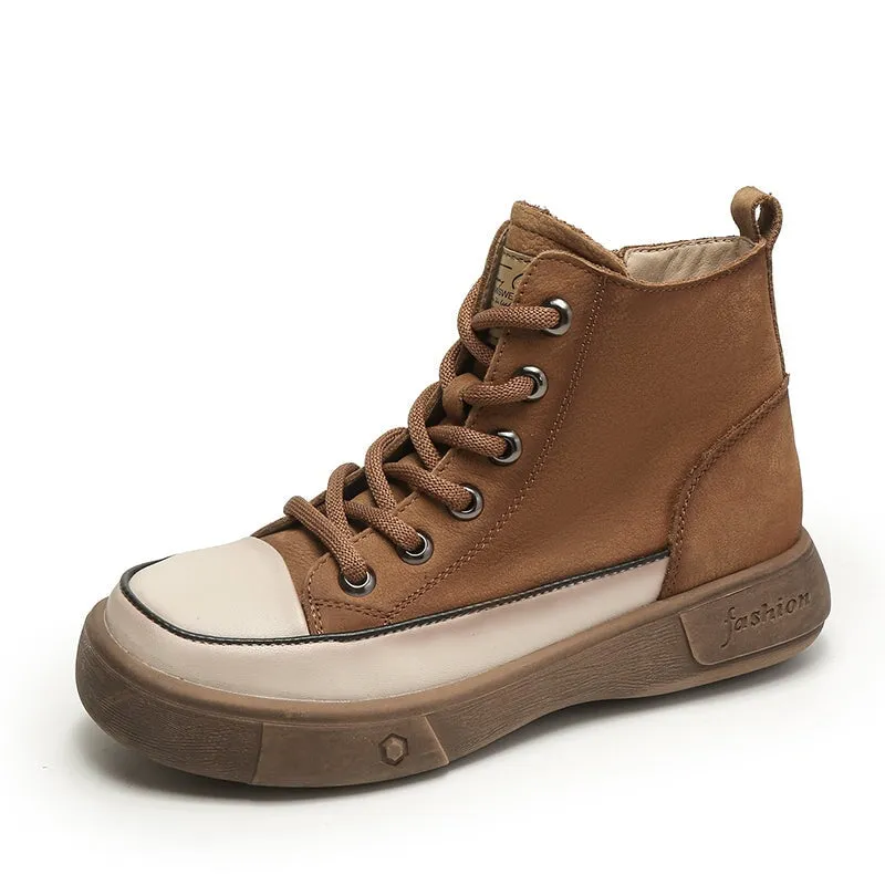 High-top Lace Up Flat Leather Sneakers for Women in Yellow/Camel/Coffee