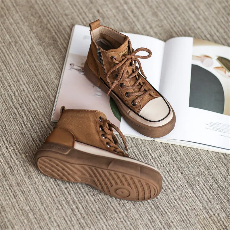 High-top Lace Up Flat Leather Sneakers for Women in Yellow/Camel/Coffee