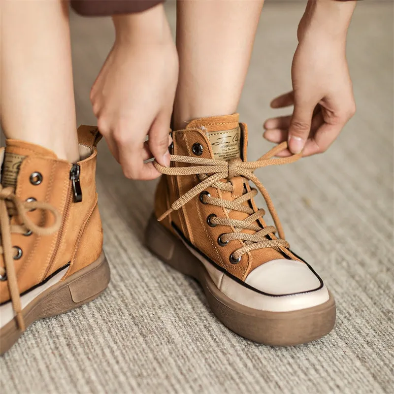 High-top Lace Up Flat Leather Sneakers for Women in Yellow/Camel/Coffee