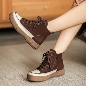 High-top Lace Up Flat Leather Sneakers for Women in Yellow/Camel/Coffee