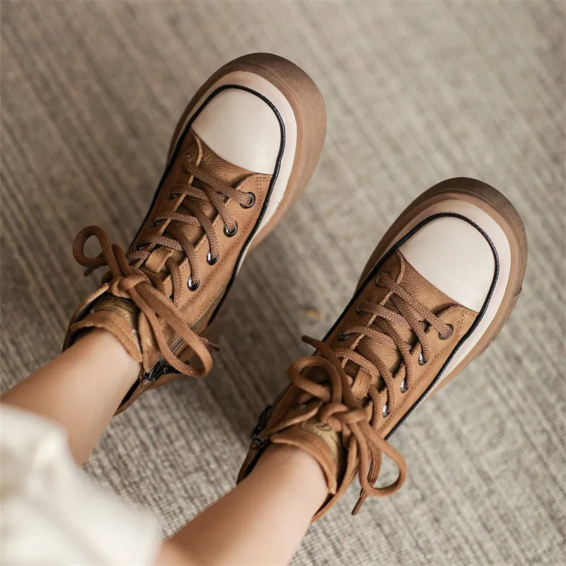 High-top Lace Up Flat Leather Sneakers for Women in Yellow/Camel/Coffee