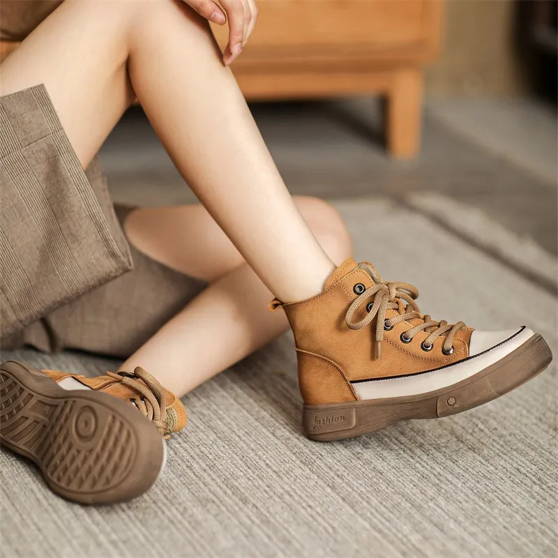 High-top Lace Up Flat Leather Sneakers for Women in Yellow/Camel/Coffee