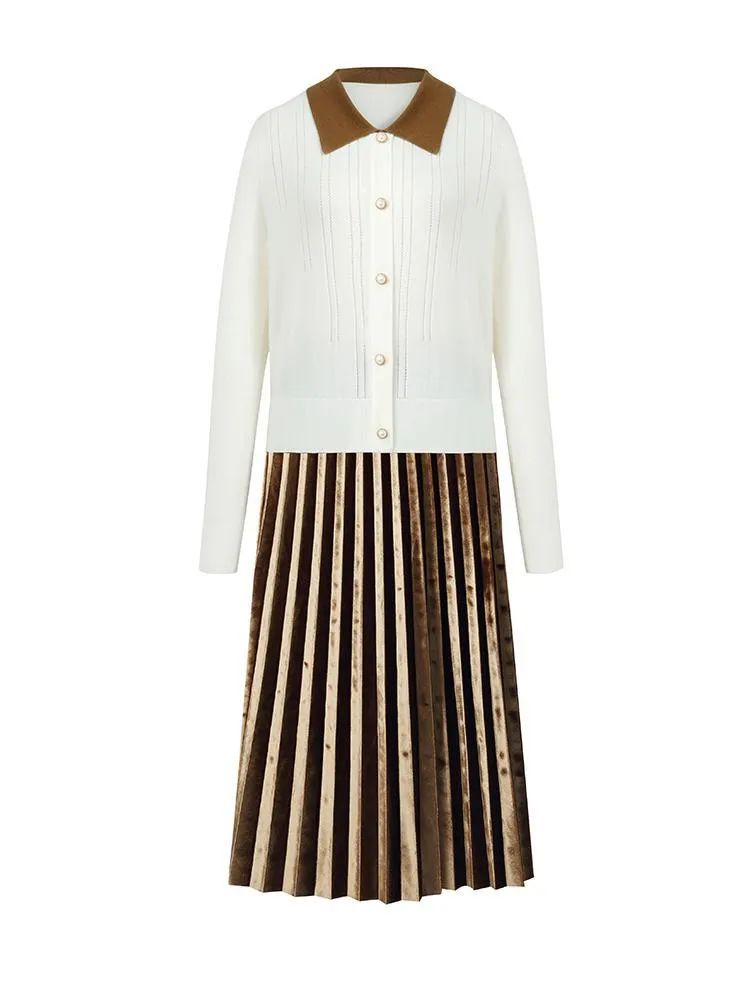 Polo Neck Sweater And Pleated Skirt Two-Piece Set