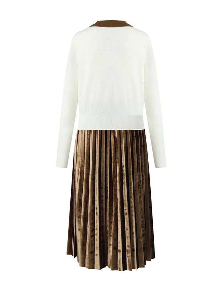 Polo Neck Sweater And Pleated Skirt Two-Piece Set