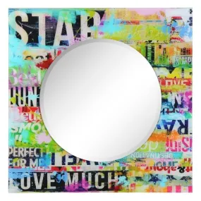 "Star" Round Beveled Wall Mirror on Square Free Floating Reverse Printed Tempered Art Glass