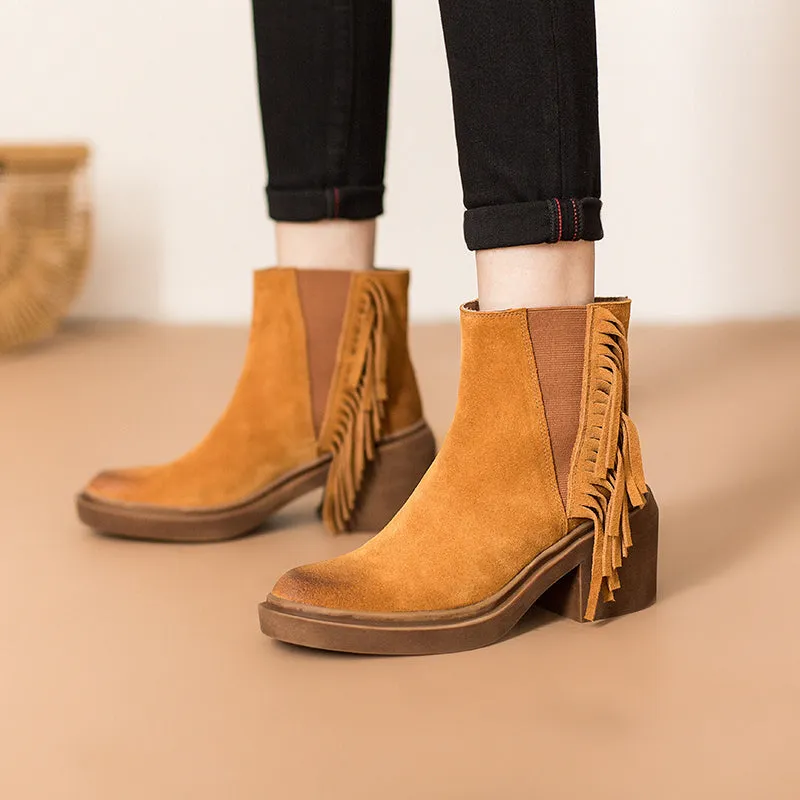 Western R Toe Cowgirl Boots With Tassels Handmade Suede Ankle Boots in Black/Brown